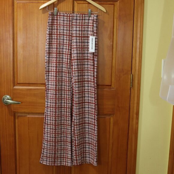 Urban Outfitters Plaid Retro Rose Pink Pull On Flare Pants Fall Bell Bottom NWT - Picture 2 of 13
